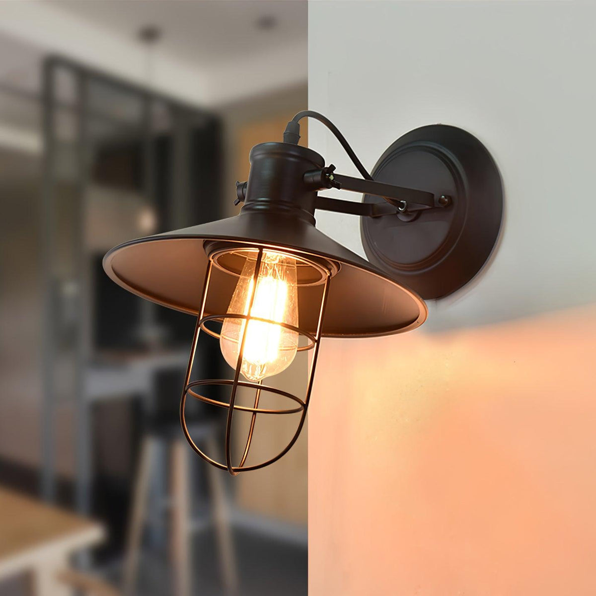 Black Cage Glass Wall Light / Set of 2 ∅ 10.6″ x H 9.8″ / Dia 27cm x H 25cm / Black & Clear glass