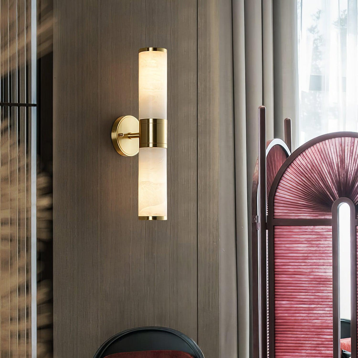 Brass Alabaster Twin-Shade Wall Light / ∅ 3.1″ x H 17.3″ / Dia 8cm x H 44cm / Gold & White