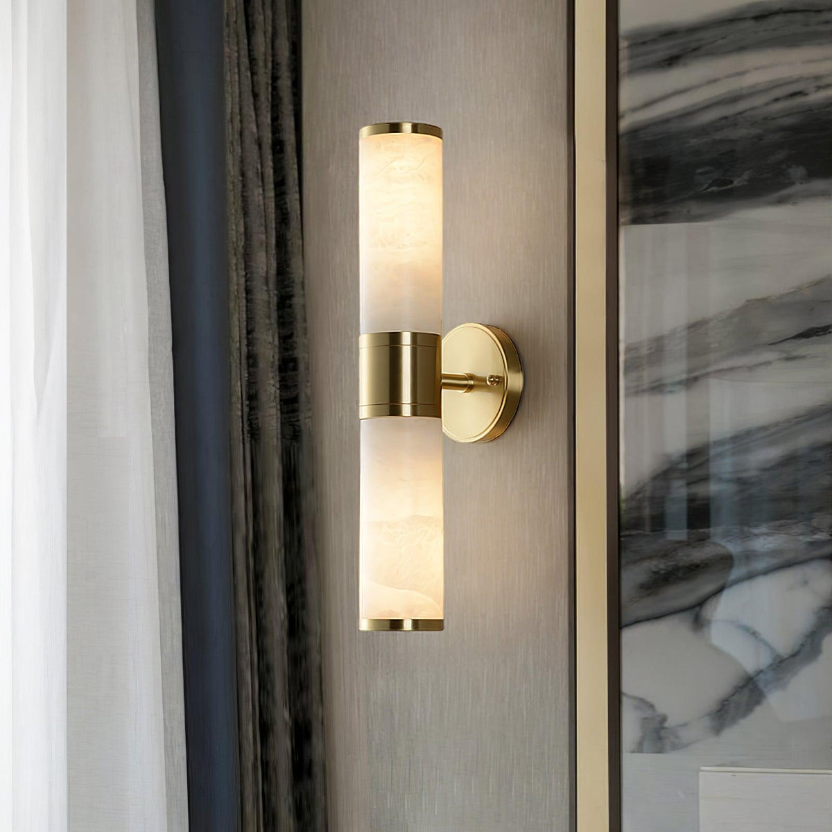 Brass Alabaster Twin-Shade Wall Light / ∅ 3.1″ x H 9.4″ / Dia 8cm x H 24cm Set of 2 / Gold & White