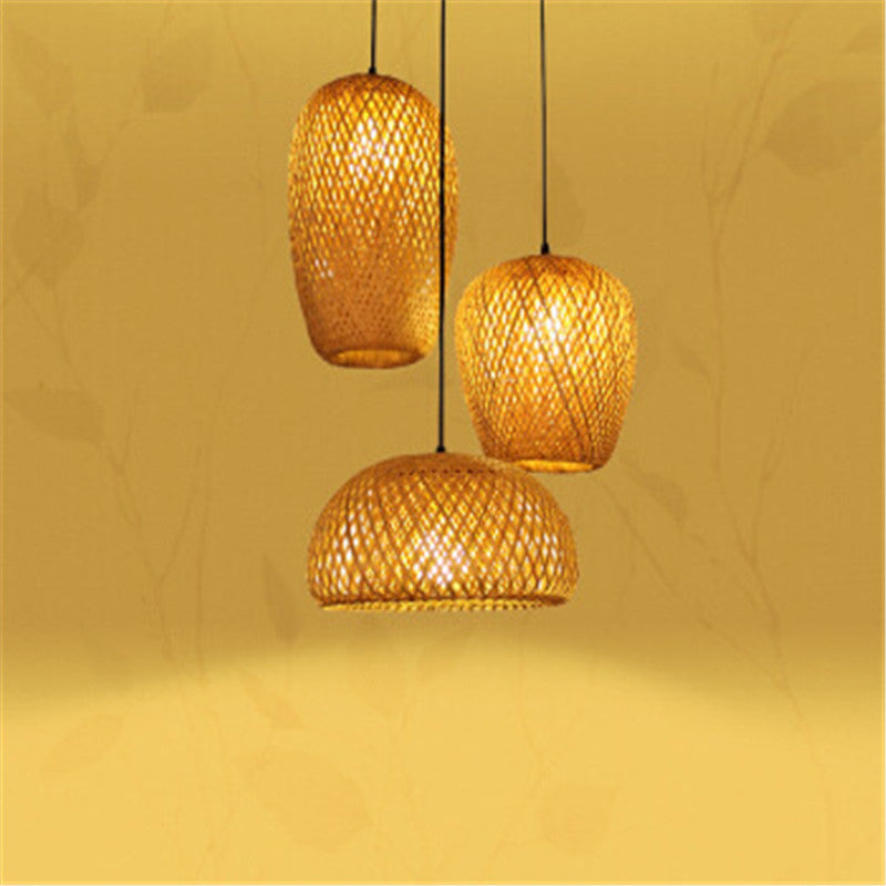 Three-Light Bamboo Pendant Chandelier / Wooden / B With 9W bulb